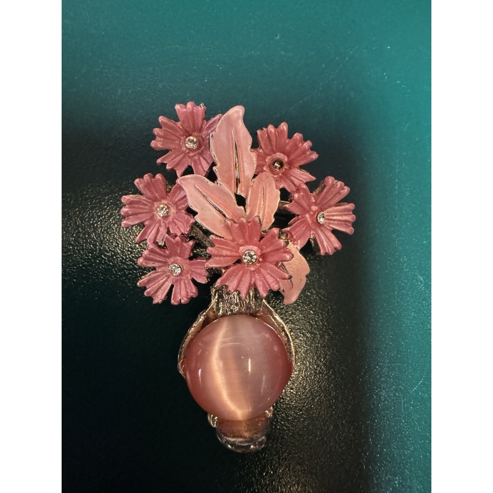 Vntg Pink Enamel And Rhinestone Metal Flower Brooch‎ W/pink Cats Eye Stone